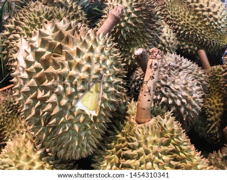 group of Durian fruit on market shelf as king of fruits in Thailand. 
