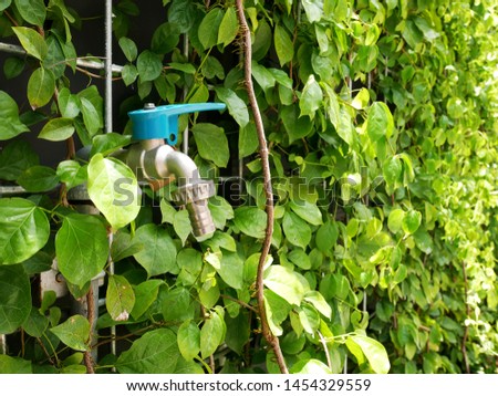 Tap water with leaves on the iron fence in the garden