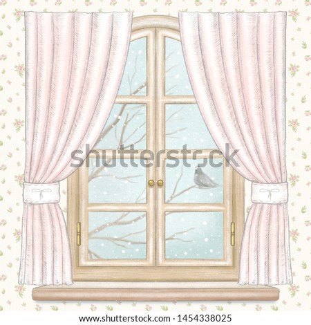 Classic arch window with pink curtains, winter landscape with bare tree branches, snowflakes and lonely dove on floral wallpaper background. Watercolor and lead pencil graphic hand drawn illustration