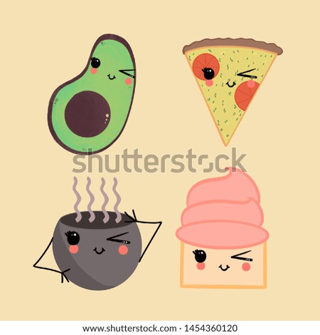 Set of a Kawaii coffee, cupcake, pizza and avocado. Flat low-saturated cute wallpaper. Adorable food with different the same face expressions.