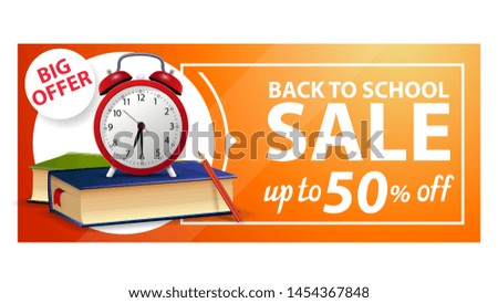 Back to school, discount web banner with school books and alarm clock