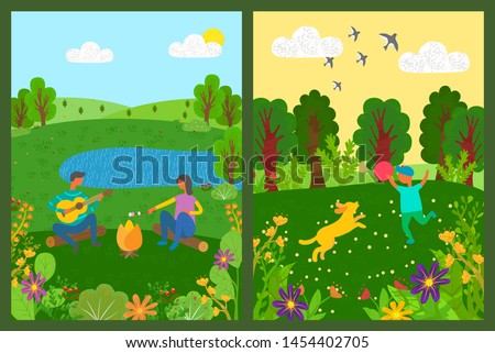 People leisure in park, green grass and trees, man and woman sitting near bonfire with guitar, child playing ball with dog, forest or park, nature vector