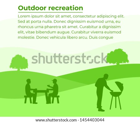 Outdoor recreation, barbecue and grill, banner with your text. Group of people resting on nature, vector design and illustration