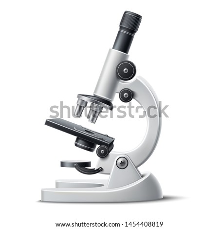 Realistic microscope. 3d chemistry, pharmaceutical instrument, microbiology magnifying tool. Symbol of science, chemistry and exploration. Vector lab microscope Royalty-Free Stock Photo #1454408819