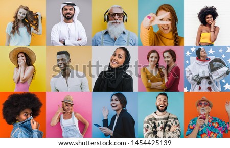 People collage. composit with faces and expressions of different people and ethnicites from the world. Half body portraits on colored backgrounds  Royalty-Free Stock Photo #1454425139