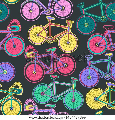 Seamless pattern with bikes on black background. Good for textile fabric design, wrapping paper. Vector illustrations.