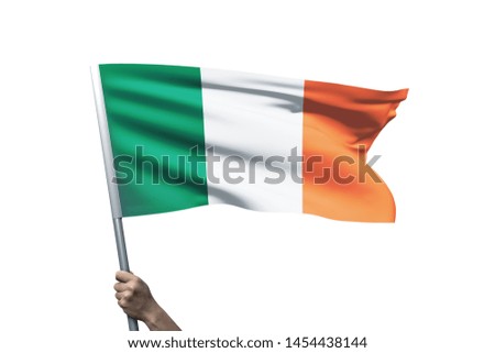 Young man holding Ireland Flag in White Background, Flag of Ireland.
