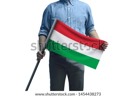 Young man holding Hungary Flag in White Background, Flag of Hungary.