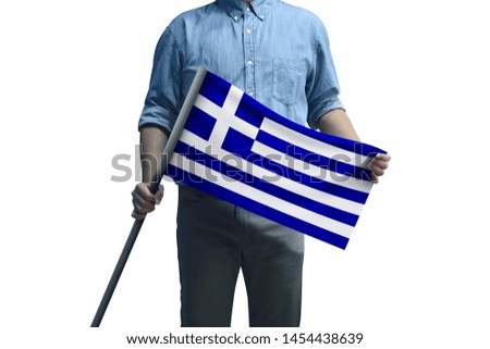 Young man holding Greece Flag in White Background, Flag of Greece.
