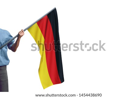 Young man holding Germany Flag in White Background, Flag of Germany.