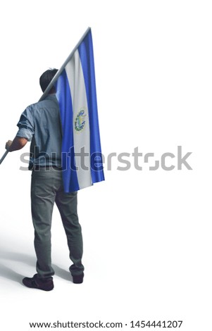 Young man holding El Salvador Flag in White Background, Flag of El Salvador.