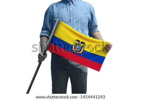 Young man holding Ecuador Flag in White Background, Flag of Ecuador.