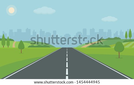 
Road To City. Straight empty road through the meadow. Summer landscape vector illustration.
 Royalty-Free Stock Photo #1454444945