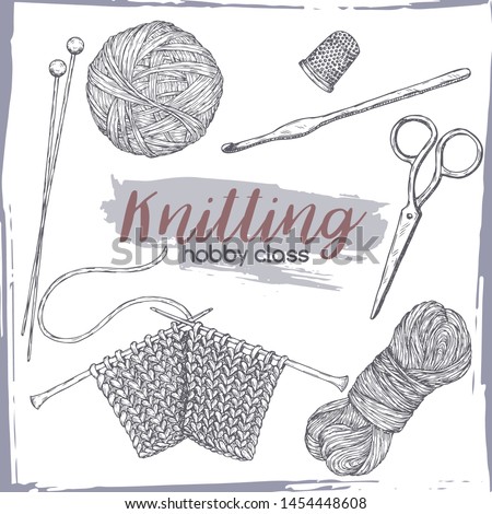 Vintage knitting tools hand drawn sketch. Hobby class series. Great for knitting publications, hobby and handicraft sites or blogs.