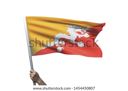 Young man holding Bhutan Flag in White Background, Flag of Bhutan.