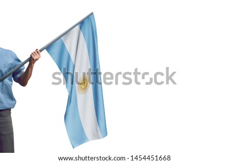 Young man holding Argentina Flag in White Background, Flag of Argentina.