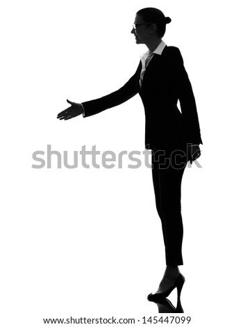 one caucasian business woman handshake  in silhouette  on white background