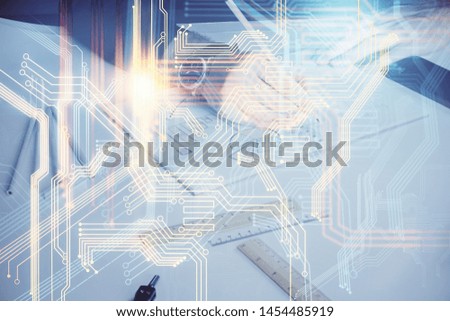 Man with multi exposure global network theme icons.