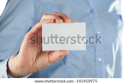 Woman showing blank business card - closeup shot