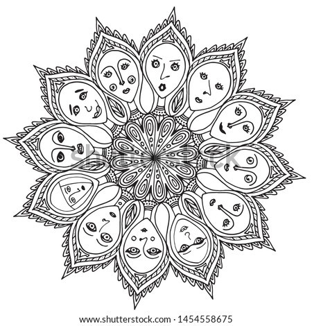 Circular vector pattern in form of mandala.  Mehndi, tattoo, decoration. Decorative ornament in ethnic oriental style. Coloring book page. Female faces. 
Emotional intelligence.
