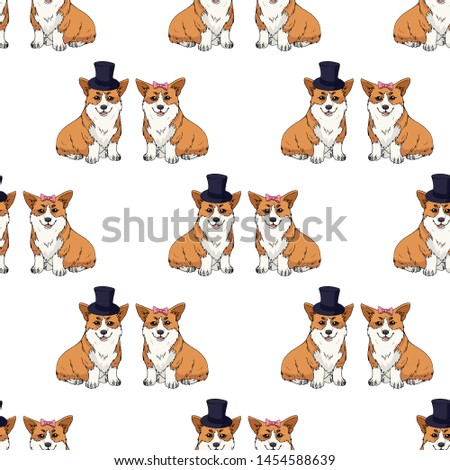 Seamless pattern with a couple of cute pembroke welsh corgi on white background. Dog illustration. Endless texture with funny cartoon dogs for your design. Raster copy