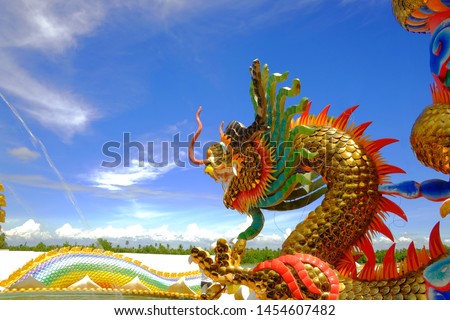 Big snake statue called naga with golden head ,Saman Rattanaram Temple in Thailand