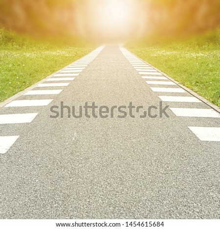 Bicycle path lit by bright sunlight in the Park closeup going into the distance.
