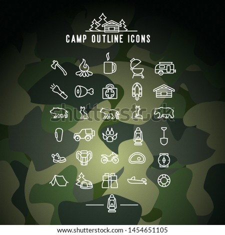 Camp Outline Icons. Camping Activities Vector image on camouflage background.