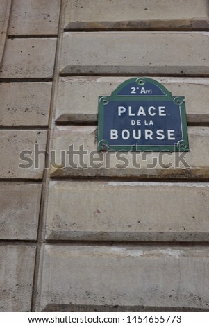 Place de la Bourse. Paris.  France.Street name plate. Translation: Stock market place.