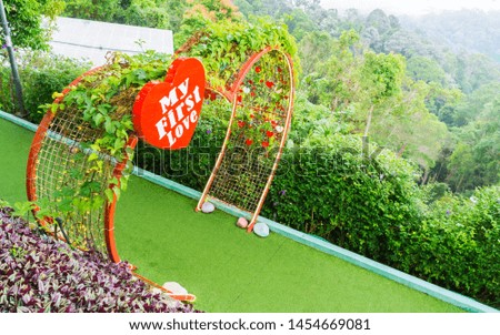 Heart-shaped arches are held in the garden for couples to take pictures.