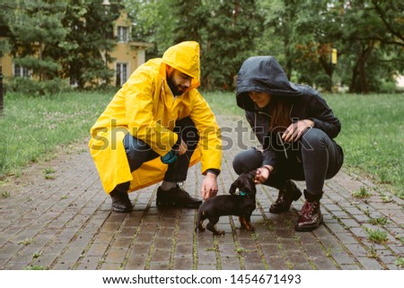 Couple are having fun with a dog on a rainy day.