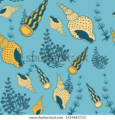 Cute summer seamless pattern with seashell and algae.  For birthday, scrapbooking, T-shirt, cards. Vector illustration.