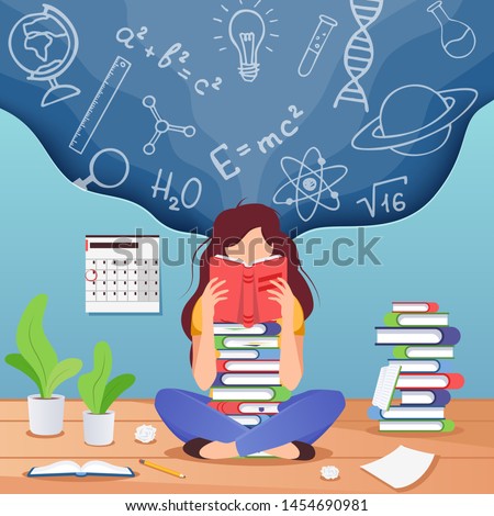 Girl prepare to exam. Young woman sitting read book and thinking about formulas . Education, knowledge vector concept. School, study and literature Royalty-Free Stock Photo #1454690981