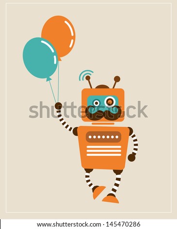Hipster Vintage Robot with balloons - retro style vector card