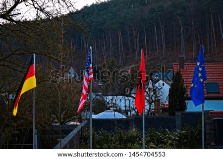 Germany, United States of America, Albania, and European Union flags all together, blowing in the breeze in a residential area. 