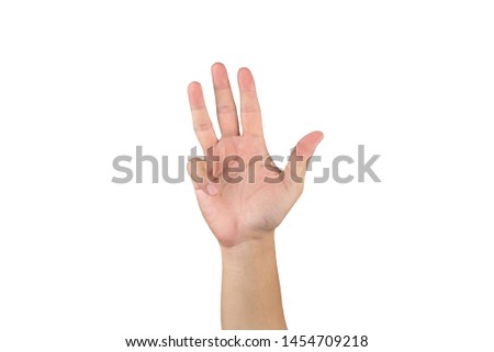 Asian hand shows and counts 9 finger on isolated white background.