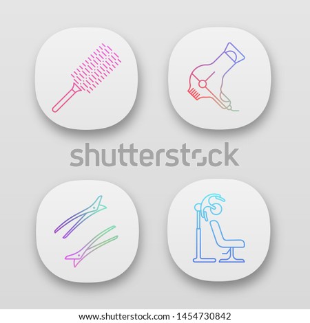 Hair dress app icons set. Professional hairstyling. Hairdresser tools. Comb, hairdryer, hair clips. Haircut and styling. UI/UX user interface. Web or mobile applications. Vector isolated illustrations