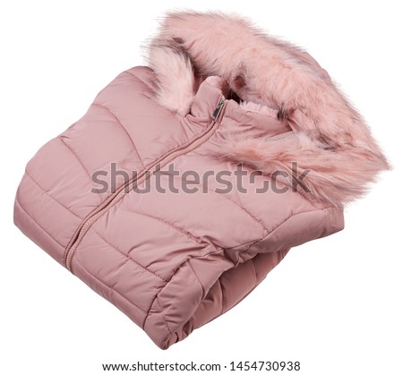 Folded pink woman full zipper down jacket, rain proof winter jacket with fur isolated on a white background.  Fashionable hooded female jacket Royalty-Free Stock Photo #1454730938