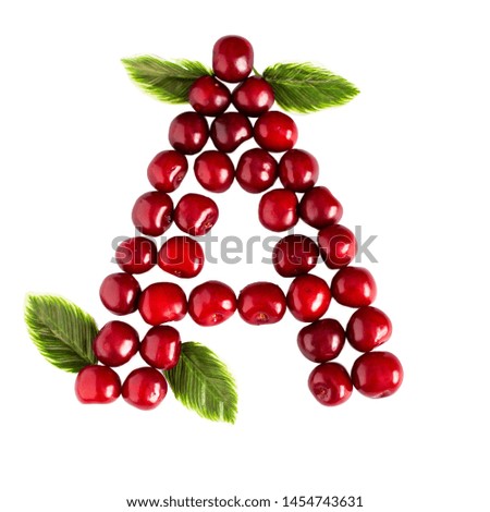 One English letter A Alphabet of ripe cherries. Isolate on white background. Summer, healthy concept. Juicy berries.