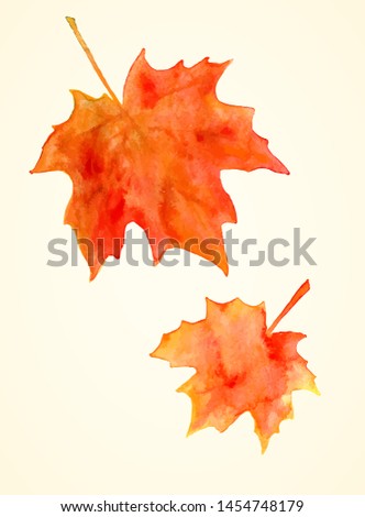 Bright orange watercolor autumn maple leaves over light beige background.