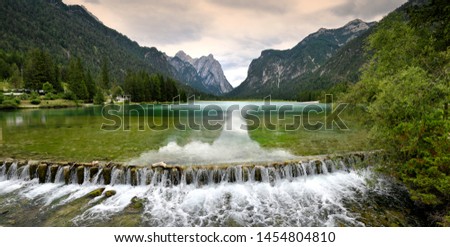 Spectacular view of the alpine lake of Dobbiaco. Val Pusteria, South Tyrol, Italy. Royalty-Free Stock Photo #1454804810