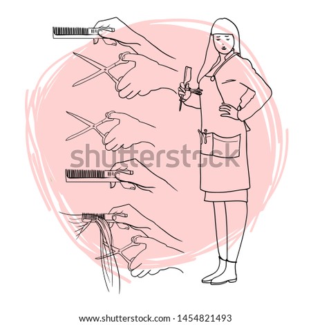 Girl hairdresser and hairdresser hand drawings set with scissors and comb, linear graphic illustrations in vector