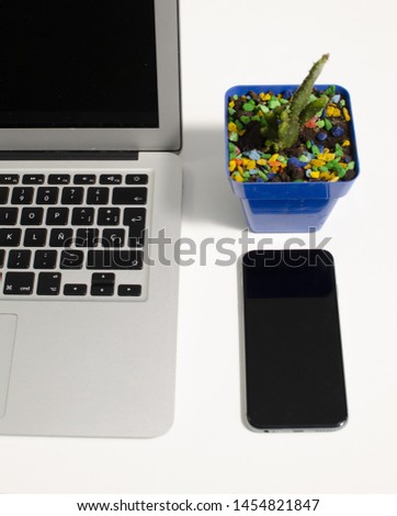 laptop and phone with plant and well. Concept of office work. Mock up