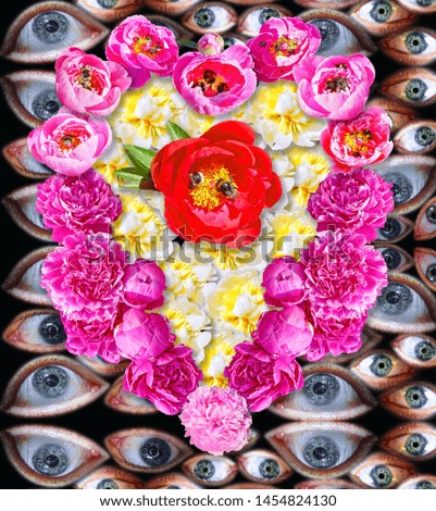 Concept of sunny summer and vacation: heart from various peony flowers full of bumblebees on human eye background