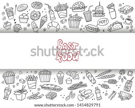 Set of fast food doodles on white. Vector illustration. Perfect for menu or food package design.