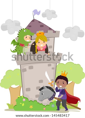 Illustration of Stickman Kids plays Dragon, Prince, and Princess in School Play