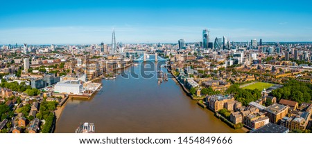 Elevated view of the Financial District of London near the Tower Bridge across river Thames. London. England.