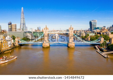 Elevated view of the Financial District of London near the Tower Bridge across river Thames. London. England.