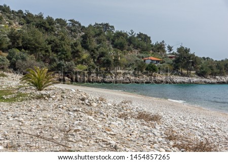 Panorama of village and beach of Aliki, Thassos island,  East Macedonia and Thrace, Greece  