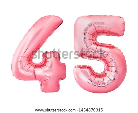Number 45 forty five made of rose gold inflatable balloons isolated on white background. Pink helium balloons forming 45 forty five number